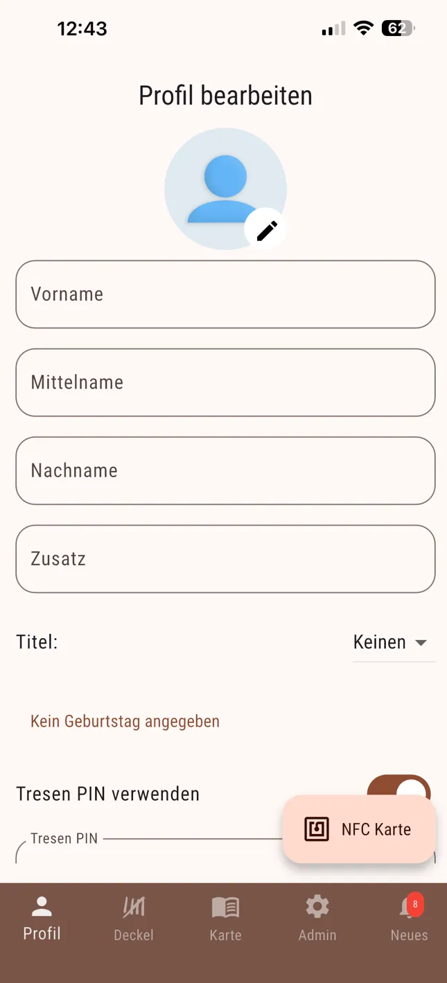 Profil bearbeiten - NFC-Karte auswählen
